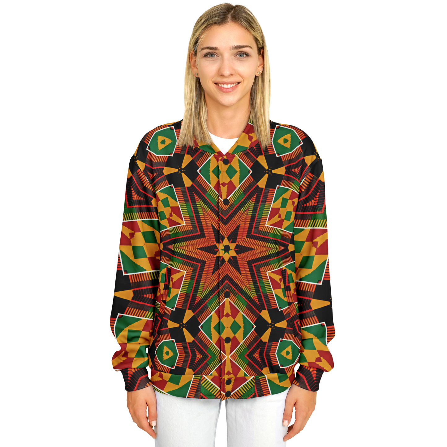 Women's African Kente Geometric Star Pattern All-Over Print Baseball Jacket