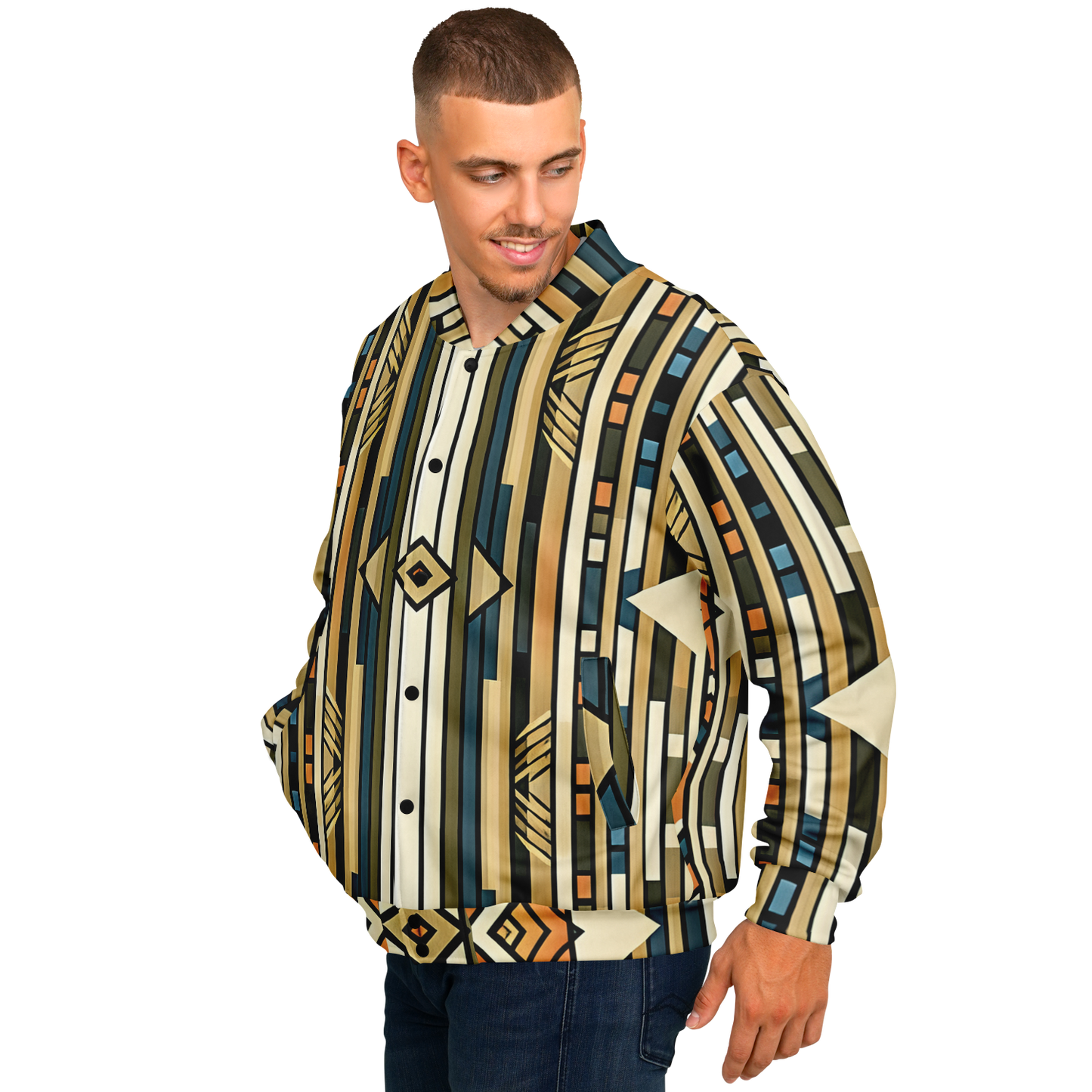 Men's Retro Geometric Tribal Pattern Design All-Over Print Baseball Jacket