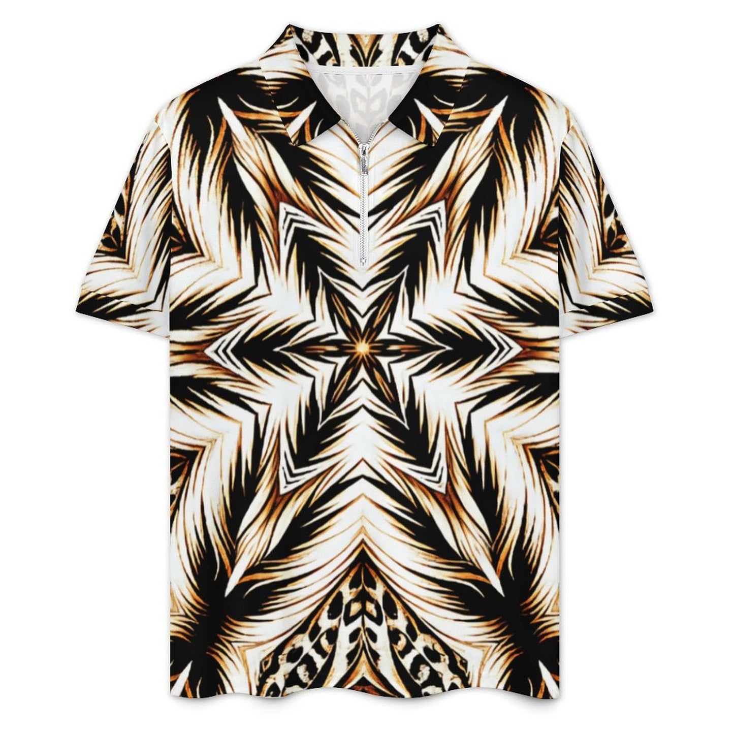 Men's Golden Baroque Pattern All-Over Print Zip-Up Polo Set