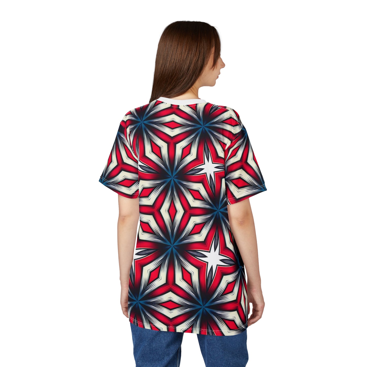 Women's Red, White & Blue Geometric Star Pattern All-Over Print Unisex Cut & Sew Tee