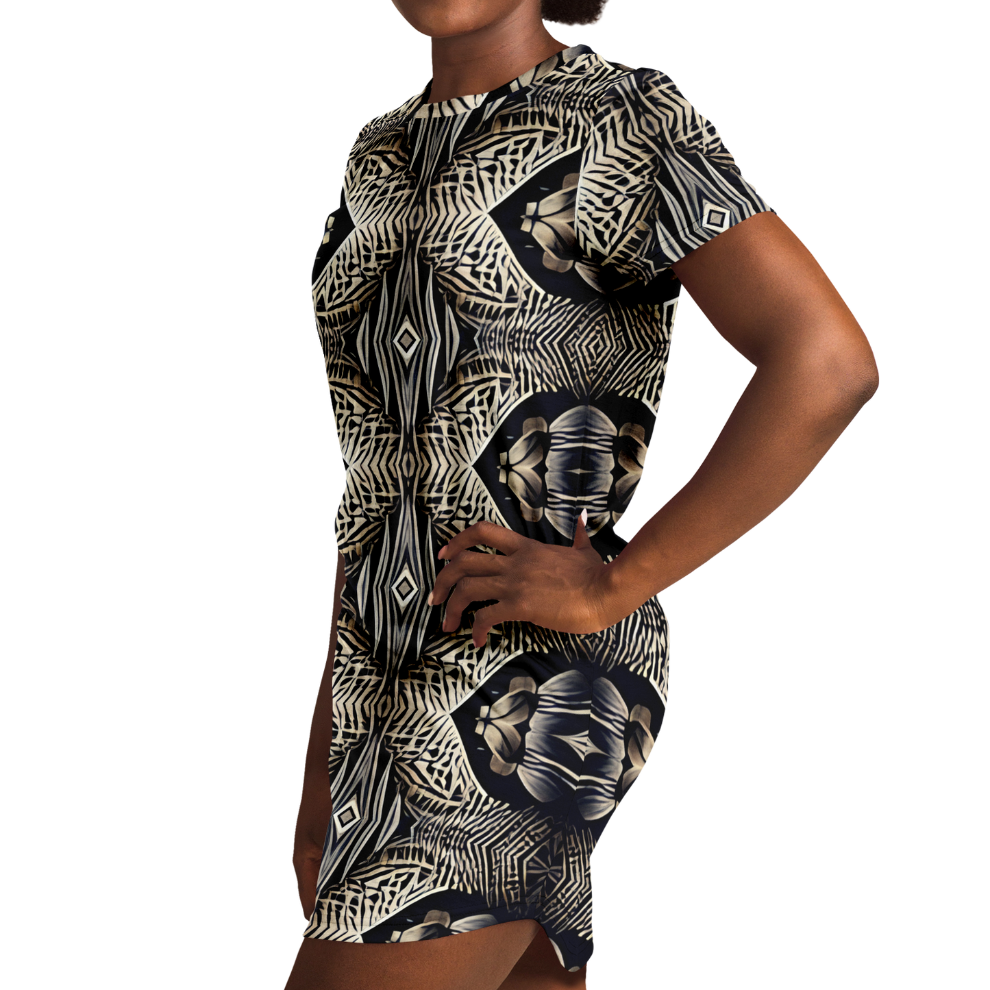 Women's Monochrome Geometric Kaleidoscope Pattern All Over Print T-Shirt Dress