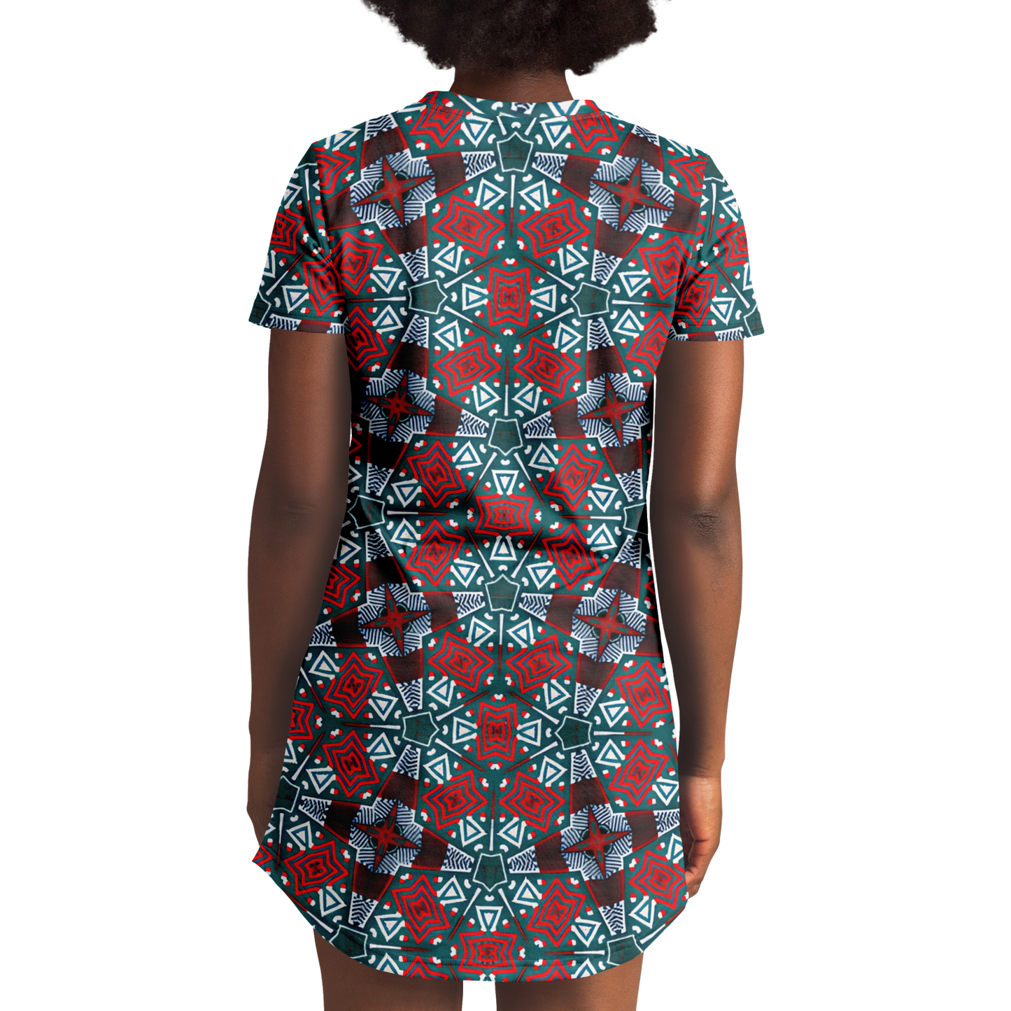 Women's Red, Green & White Teal Aztec Geo Pattern All-Over Print T-Shirt Dress