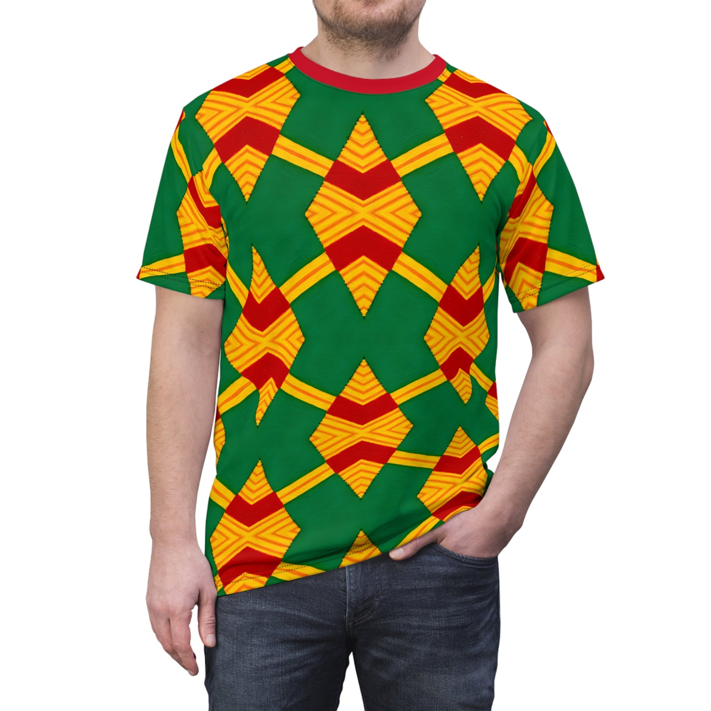 Men Bold Green, Red & Gold African Kente-Inspired Pattern  All-Over Print Tee
