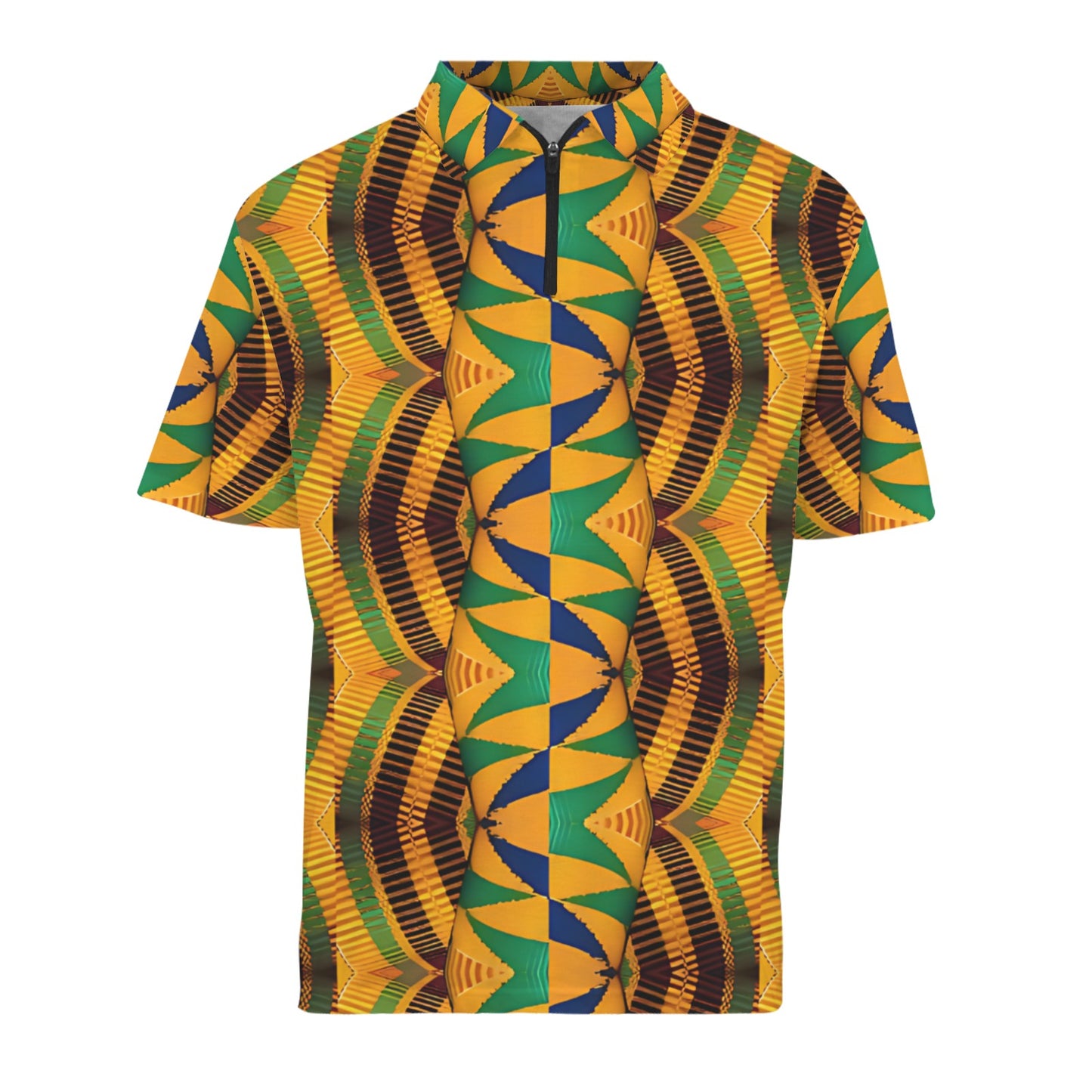 Men's African Kente Geometric Pattern All-Over Print Zipper Polo Shirt