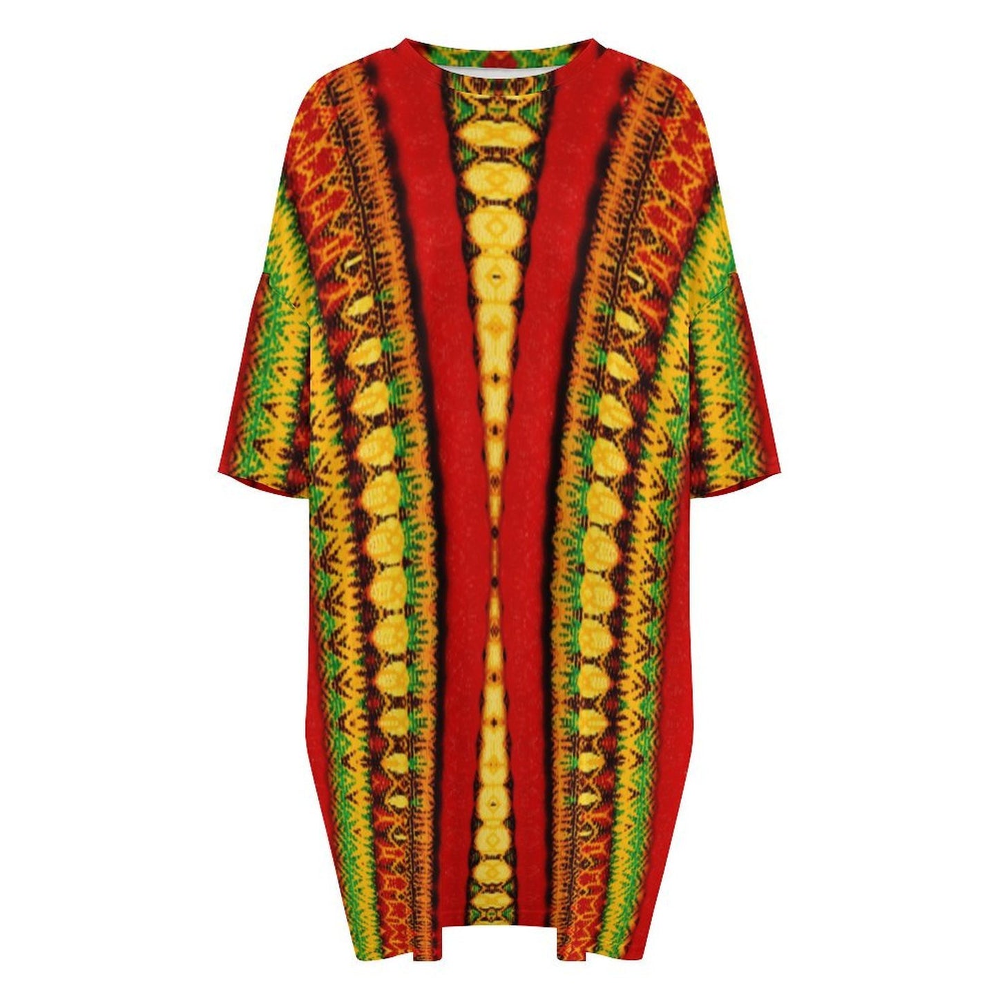 Women's Red Bold Tribal Pattern All-Over Print Oversized T- Shirt Loungewear