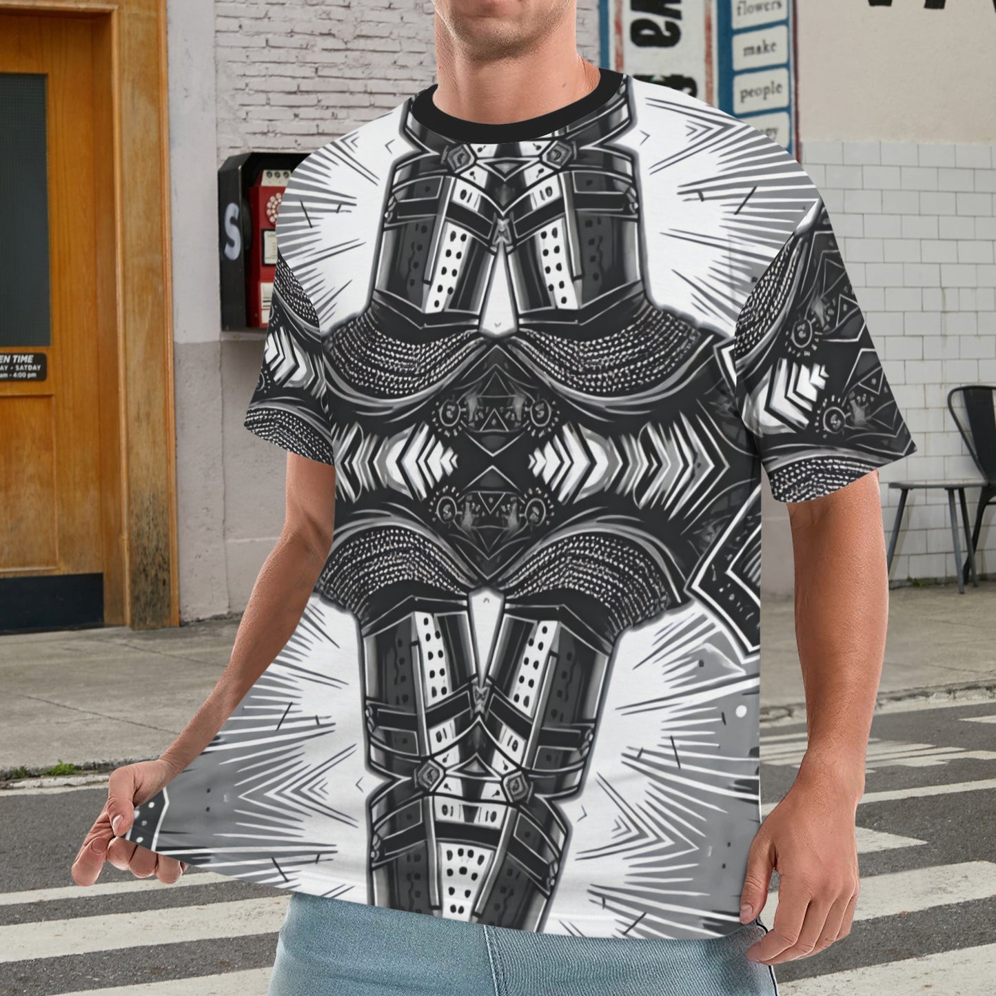Men's Classic Black & White Geometric Pattern All Over Print All Over Print Ribbed Collar T-Shirt