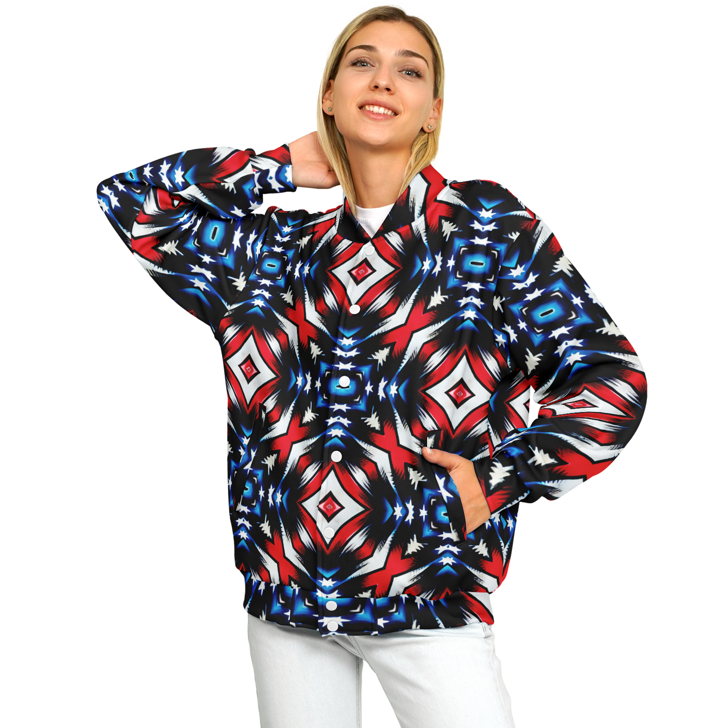 Women's Red White Blue Geometric Pattern All-Over Print Unisex Cut Baseball Jacket