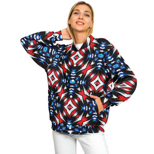 Women's Red White Blue Geometric Pattern All-Over Print Unisex Cut Baseball Jacket