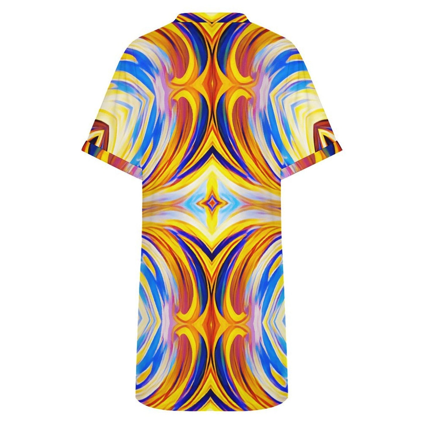 Women's Abstract Sunburst Pattern All Over print Casual V-Neck Dress with Rolled Cuffs