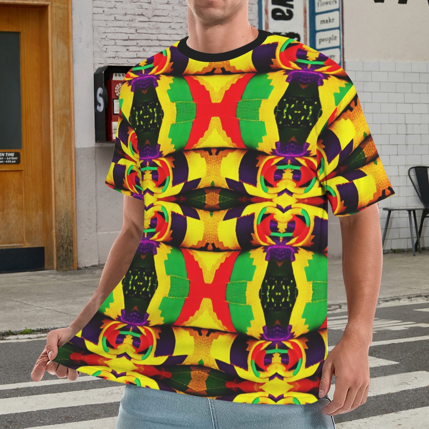 Men's Bold Rasta Color Wave Pattern All Over Print Cut & Sew  Ribbed Collar T-Shirt