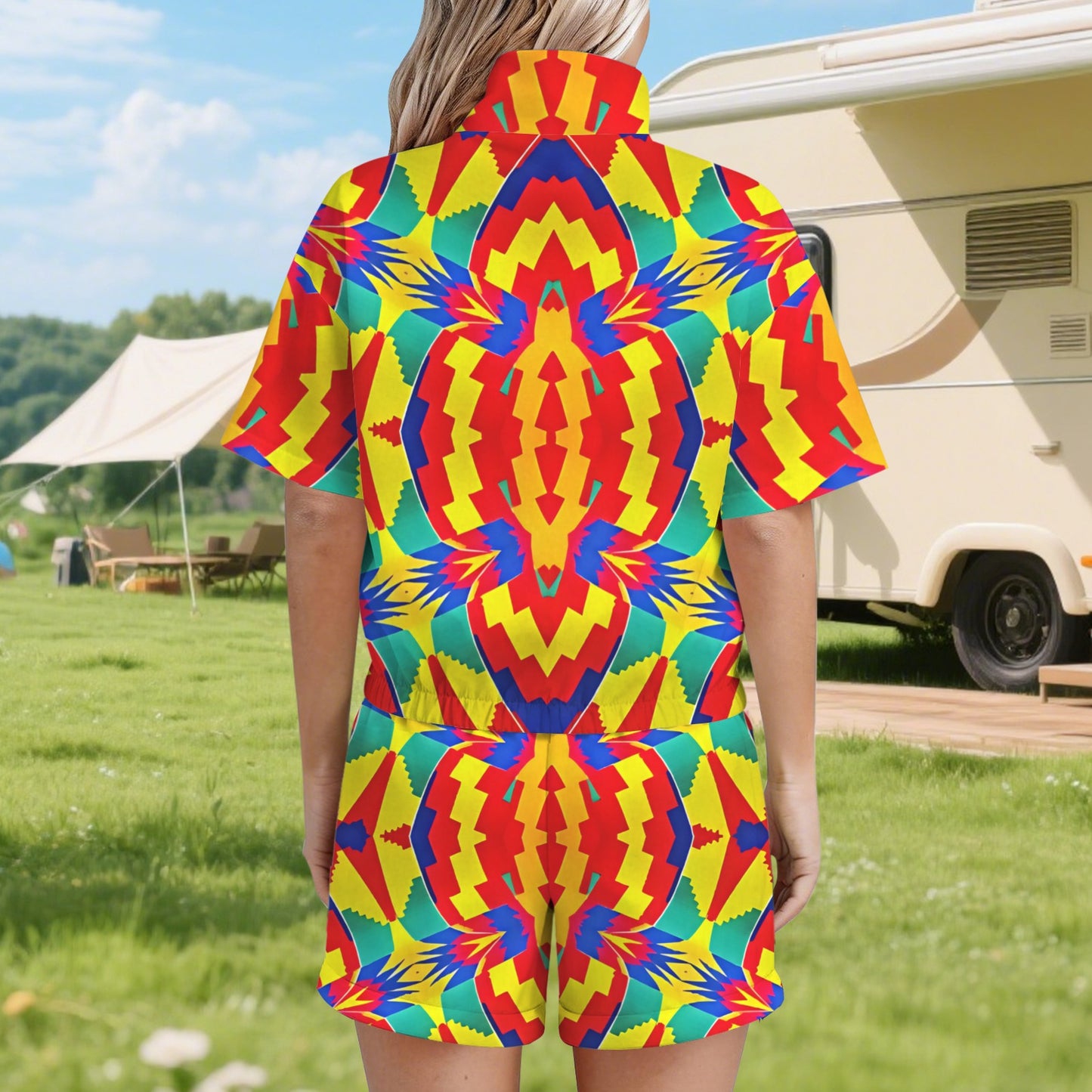Women's Bold Rainbow Kente-Inspired Geometric Pattern All Over Print Windbreaker Short Set