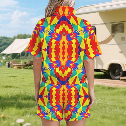Women's Bold Rainbow Kente-Inspired Geometric Pattern All Over Print Windbreaker Short Set