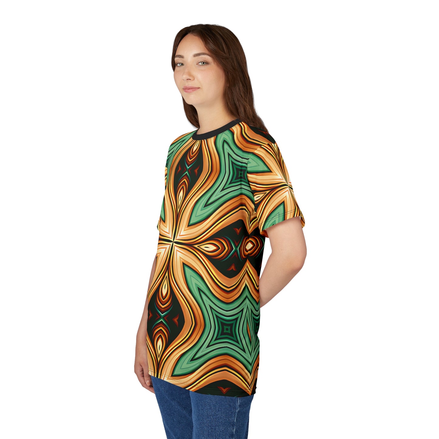 Women's Green & Gold Psychedelic Floral Pattern All-Over Print Tee