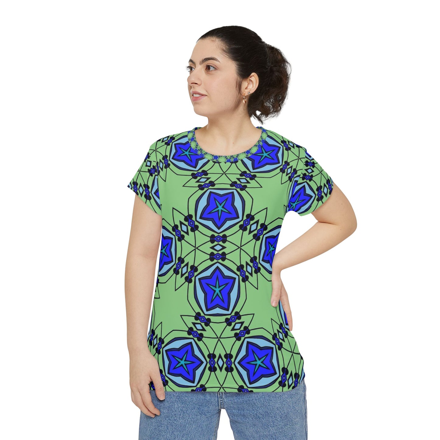 Women's Blue Starburst Kaleidoscope Pattern All-Over Print Unisex Cut & Sew Tee