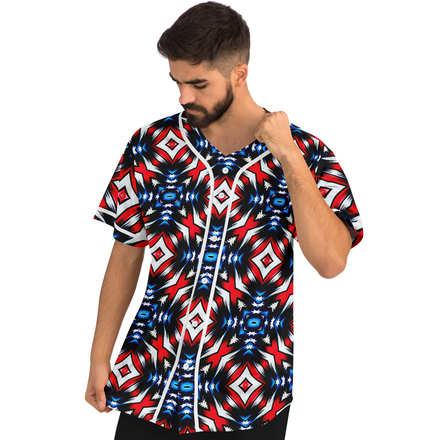 Men's Red White Blue Geometric Pattern All-Over Print Baseball Jersey
