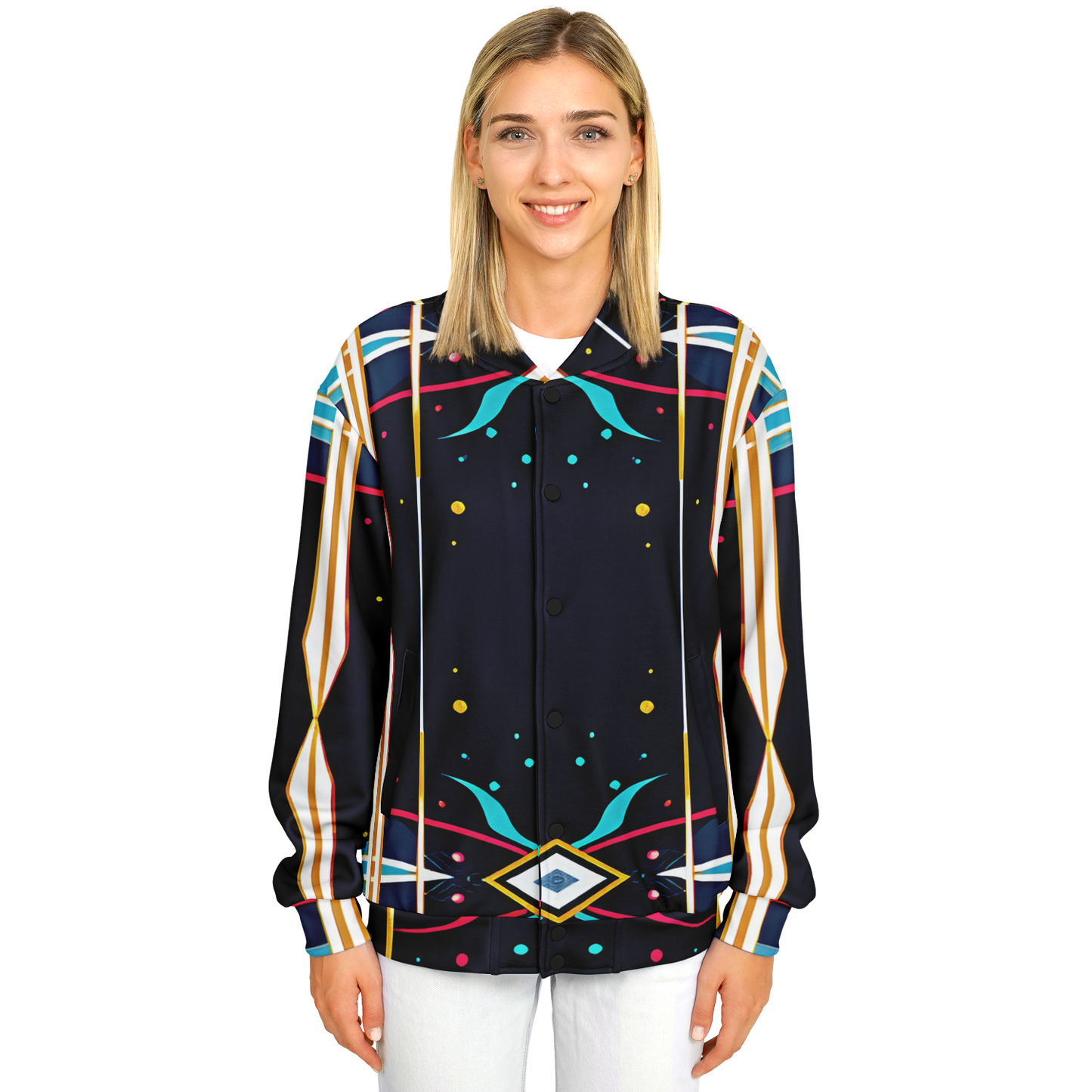 Women's Abstract Neon Geometry Pattern All Over Print Baseball Jacket