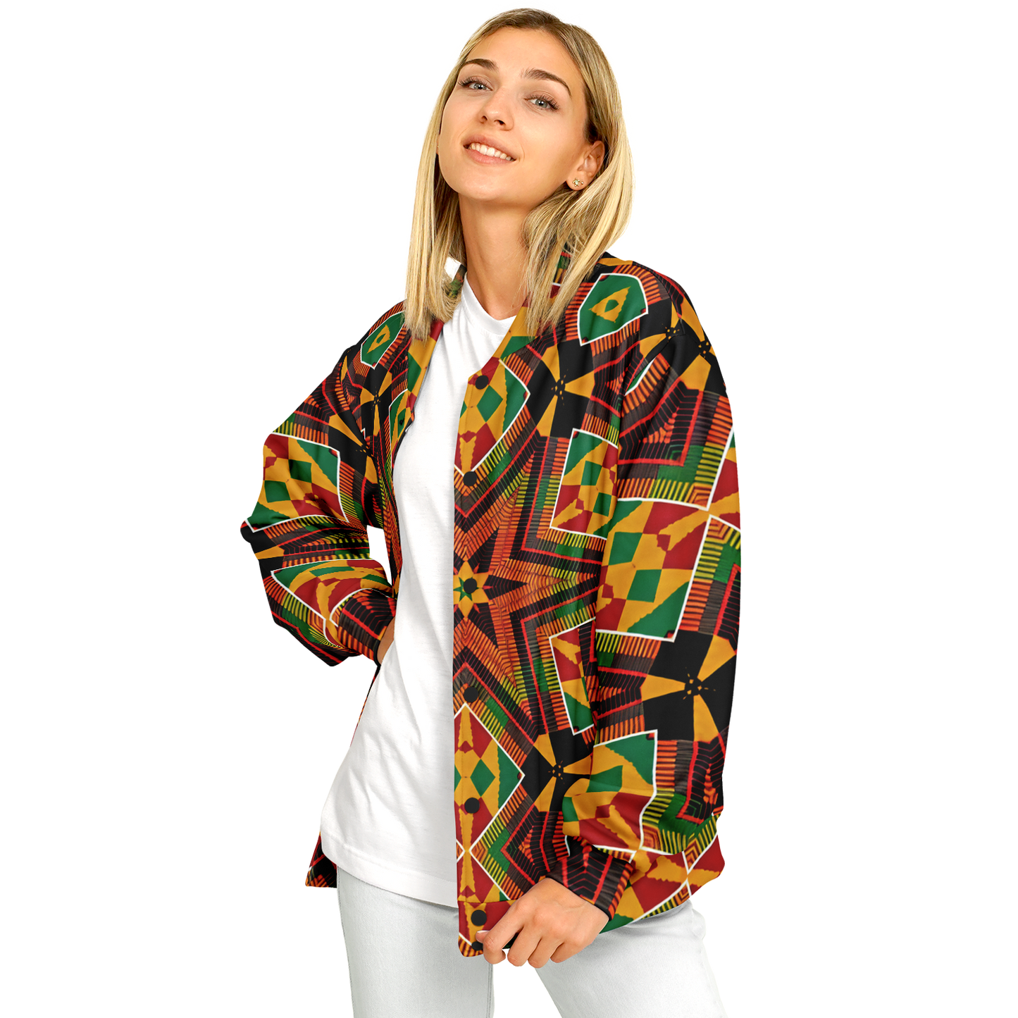 Women's African Kente Geometric Star Pattern All-Over Print Baseball Jacket