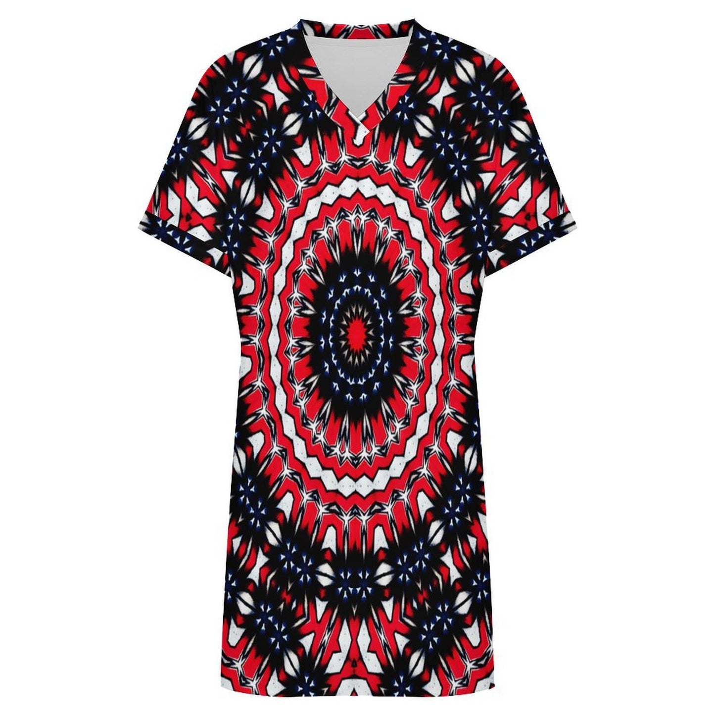 Women's Red, Blue & White Circle Pattern All-Over Print Casual V-Neck Dress with Rolled Cuffs