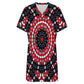 Women's Red, Blue & White Circle Pattern All-Over Print Casual V-Neck Dress with Rolled Cuffs