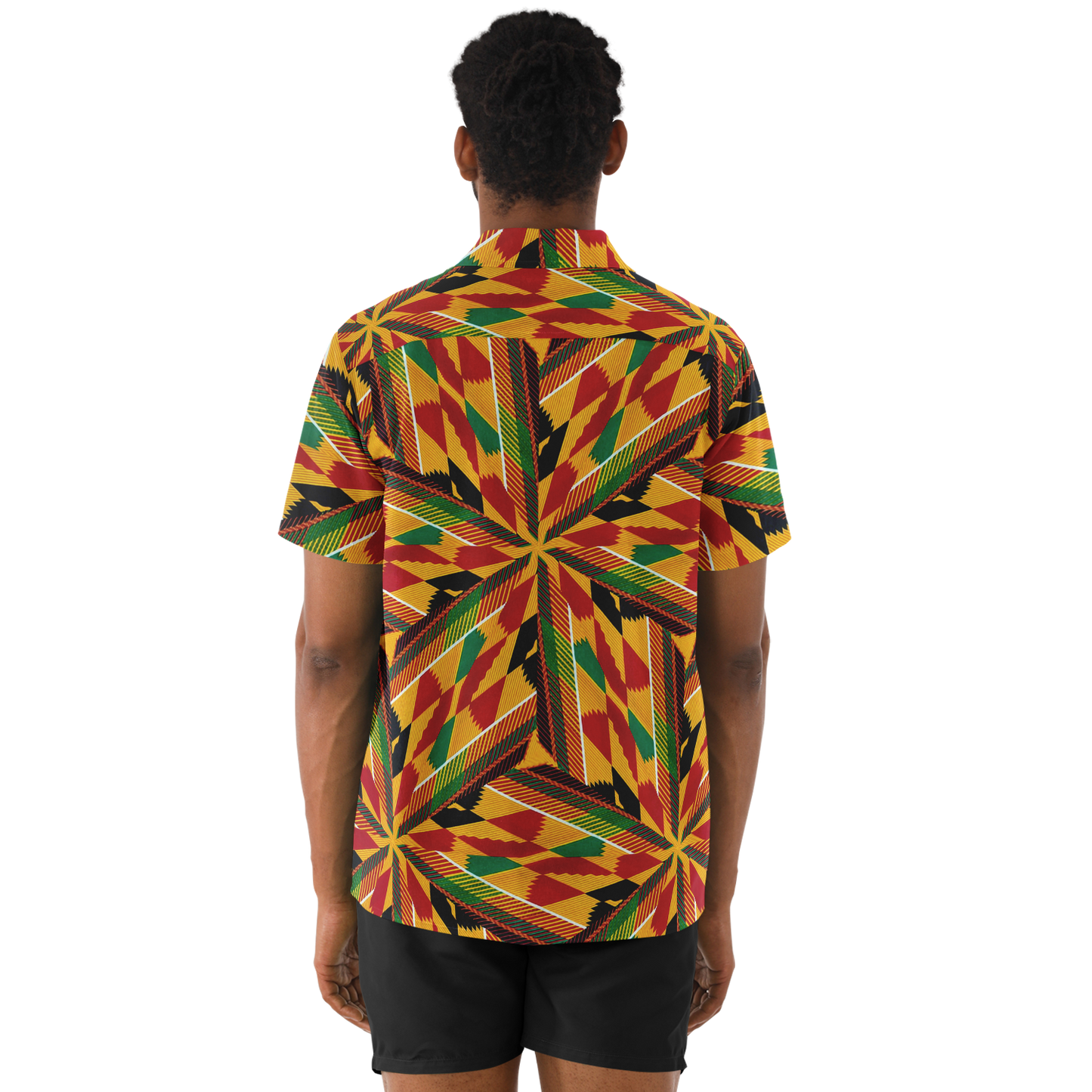 Men's African Kente Geometric Pattern All-Over Print Spread Collar Short Sleeve Button-Down Shirt