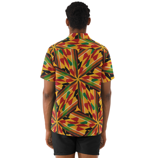 Men's African Kente Geometric Pattern All-Over Print Spread Collar Short Sleeve Button-Down Shirt