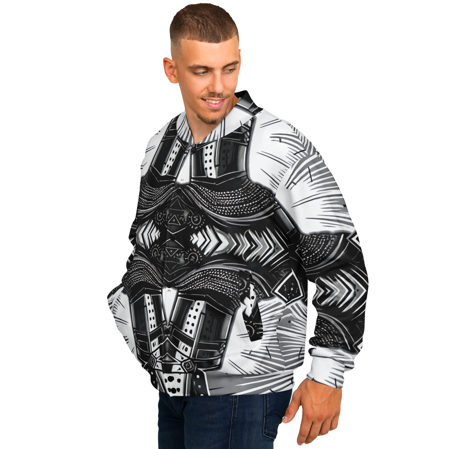 Men's Classic Black & White Geometric Pattern All Over Print Baseball Jacket
