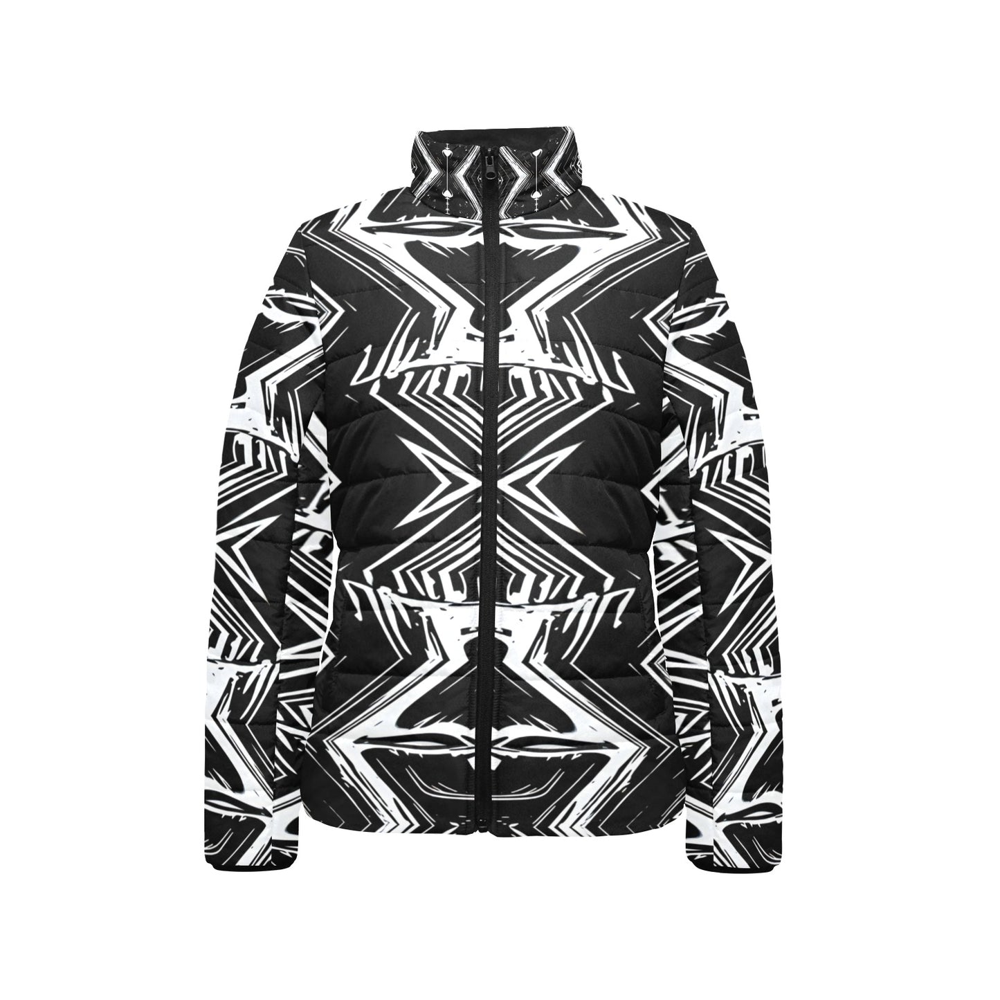 Women's Black & White Geometric Pattern All-Over Print Stand Collar Padded Jacket