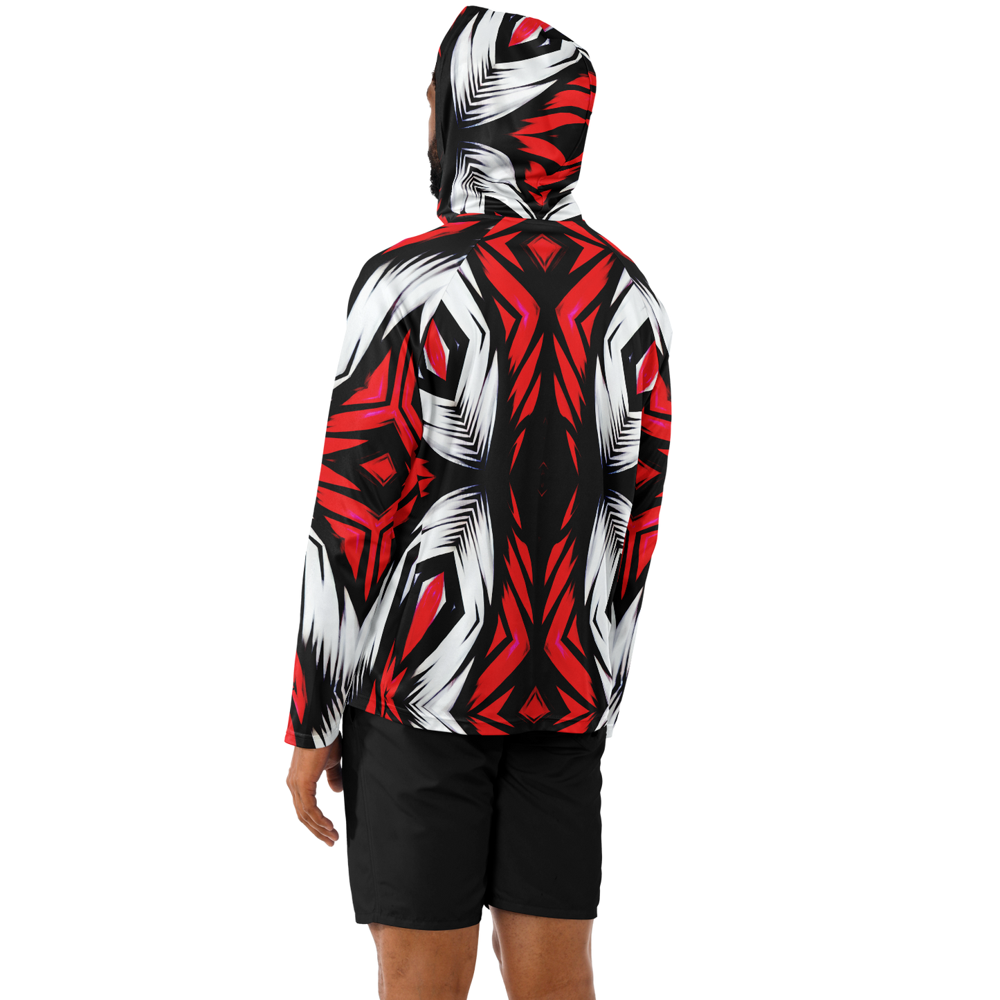 Men's Abstract Red, White & Black Pattern All-Over Print Long Sleeve Hooded Performance Shirt