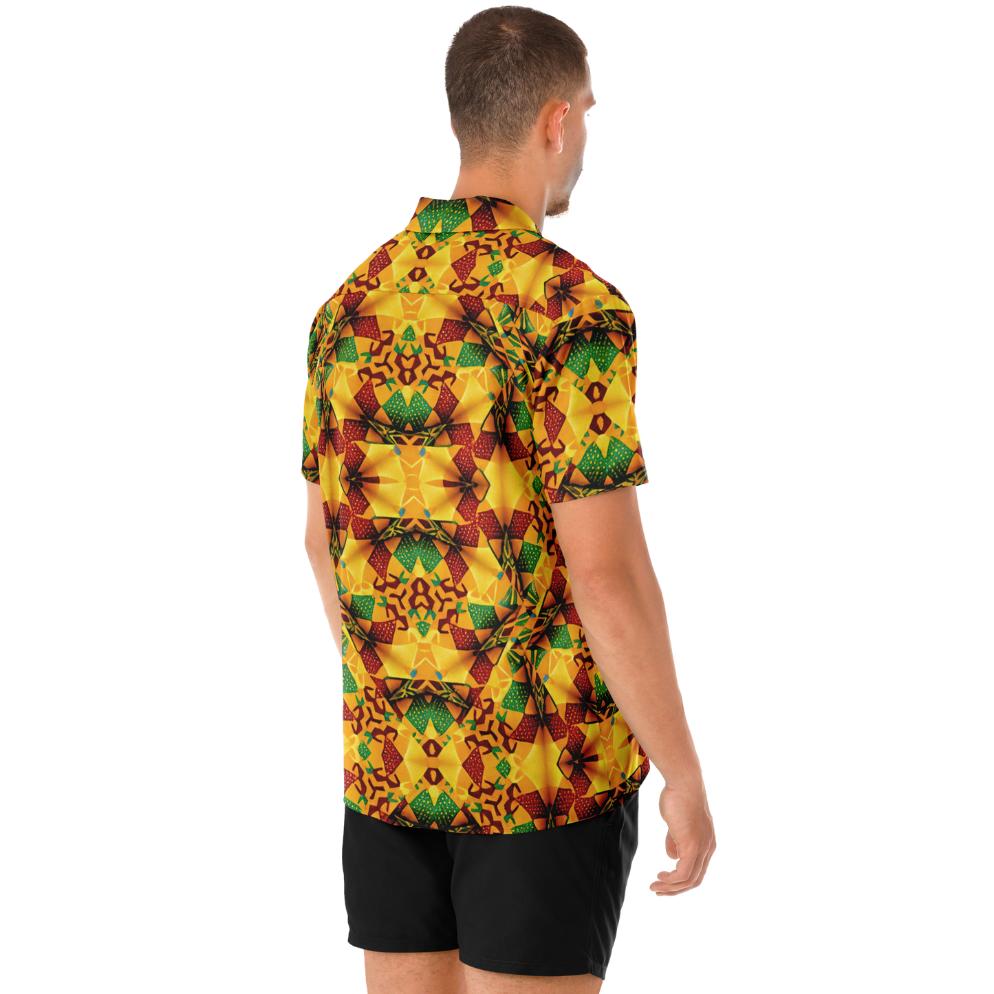 Men's Vibrant African Kente Geometric Pattern All Over Print Spread Collar Short Sleeve Button-Down Shirt