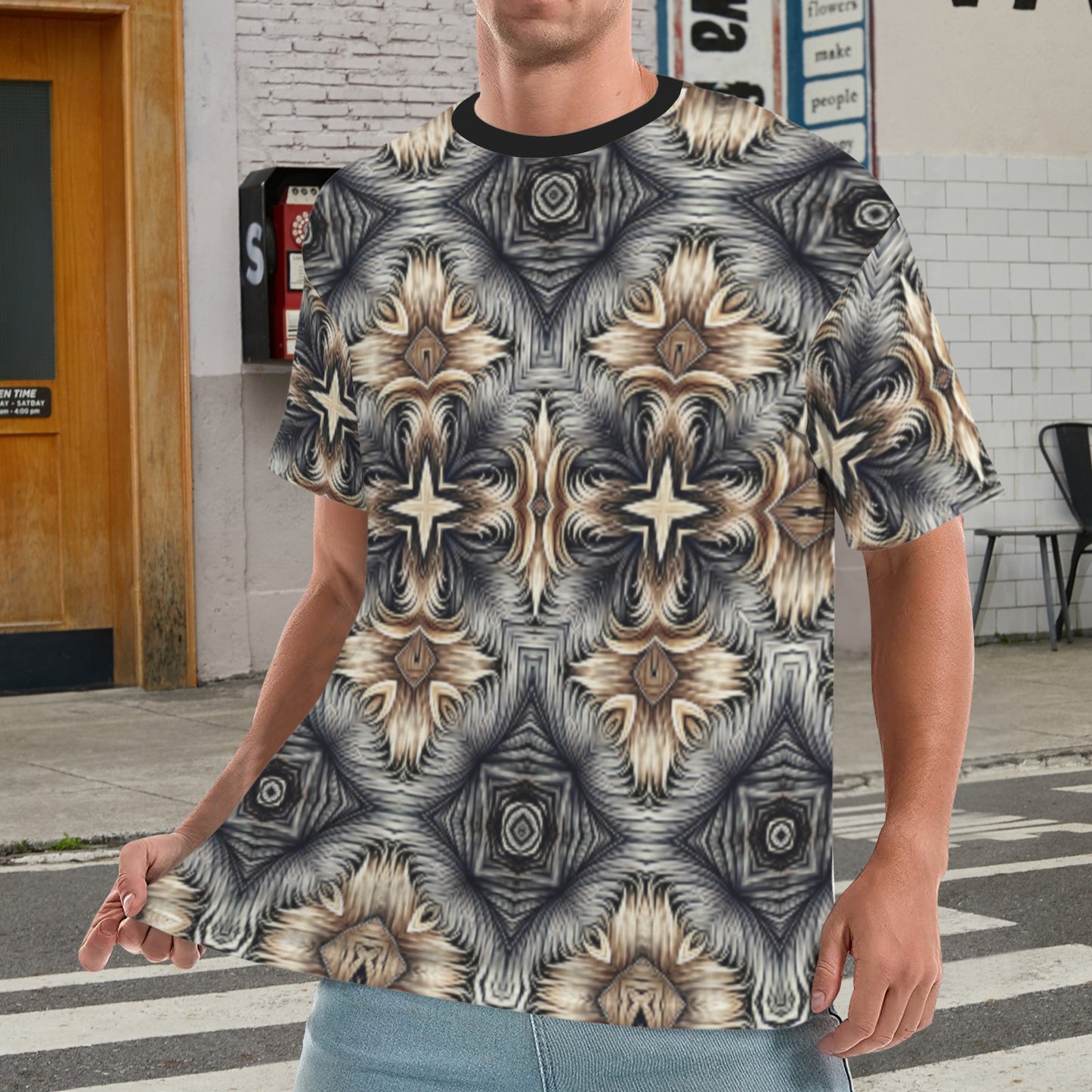 Men's Neutral Geometric Floral Pattern All Over print Men's All Over Print Ribbed Collar T-Shirt (Model T94)