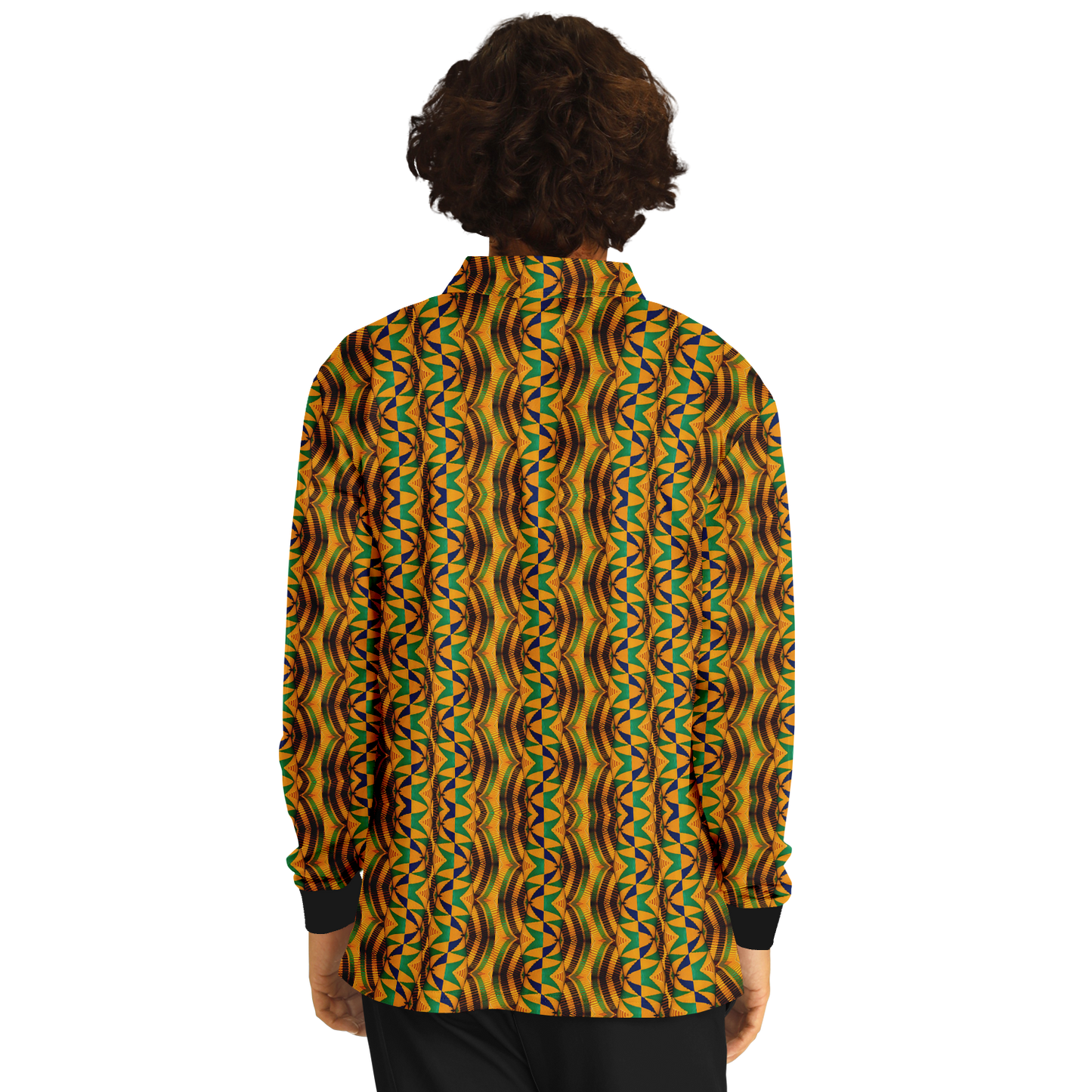 Men’s African Kente Geometric Pattern All-Over Print Long Sleeve Polo Shirt
