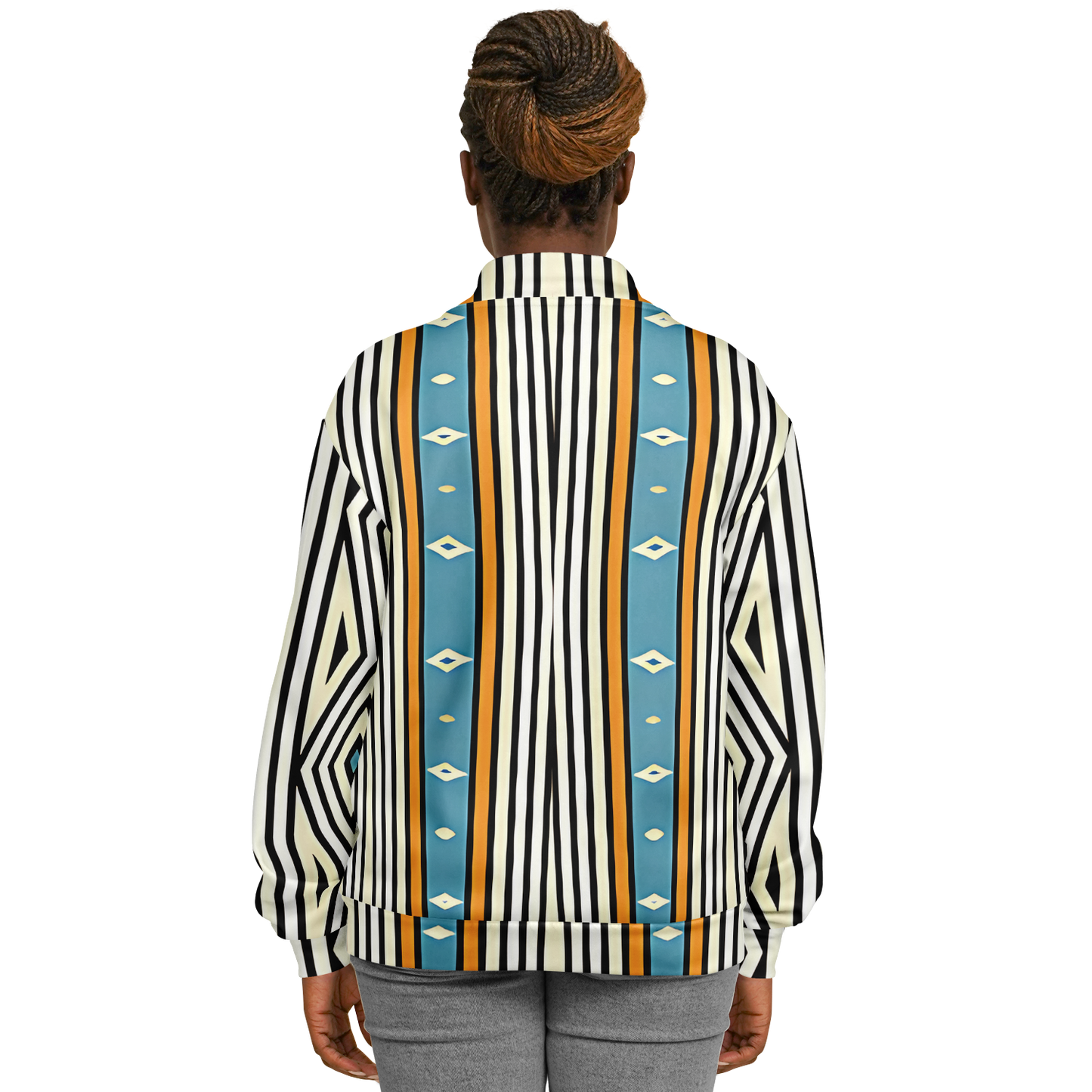 Women's Striped Retro Blue & Orange Patten All Over Print Baseball Jacket