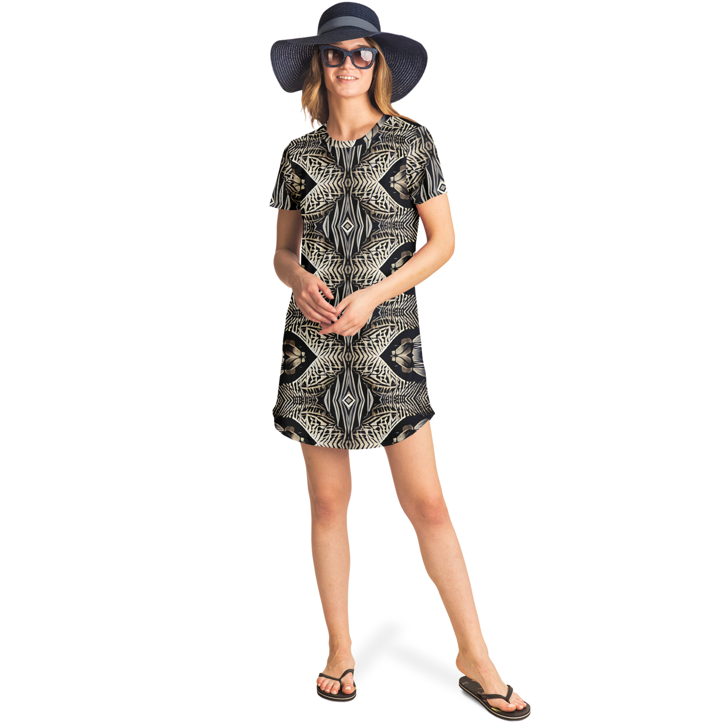 Women's Monochrome Geometric Kaleidoscope Pattern All Over Print T-Shirt Dress