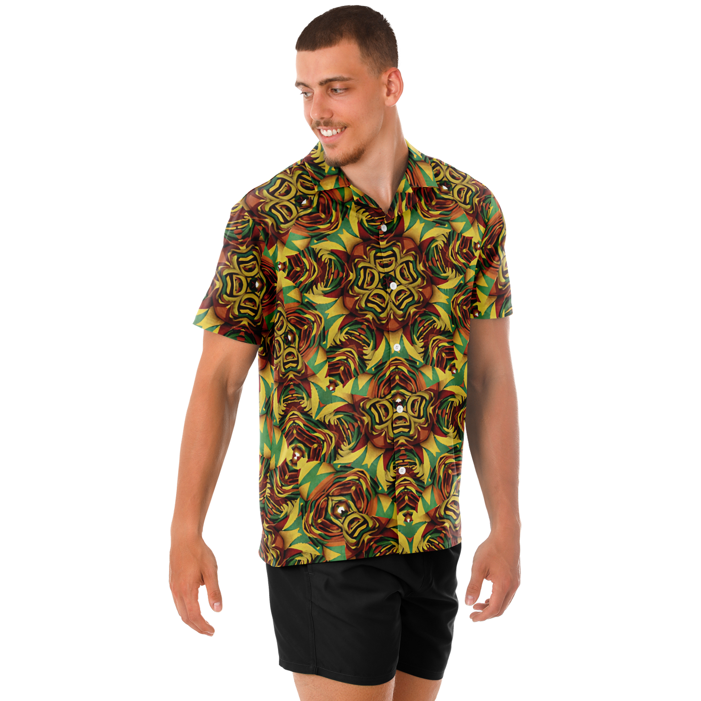 Men's Vibrant Geometric Pattern Spread Collar Short Sleeve Button-Down All Over Print Shirt