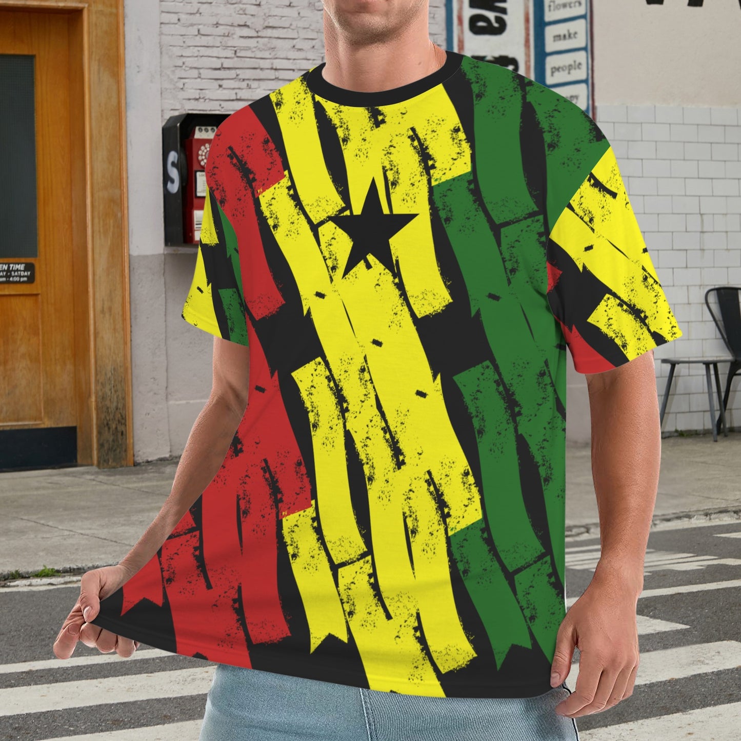 Men's Ghana Flag Pattern With Black Star All-Over Print Cut & Sew Ribbed Collar T-Shirt