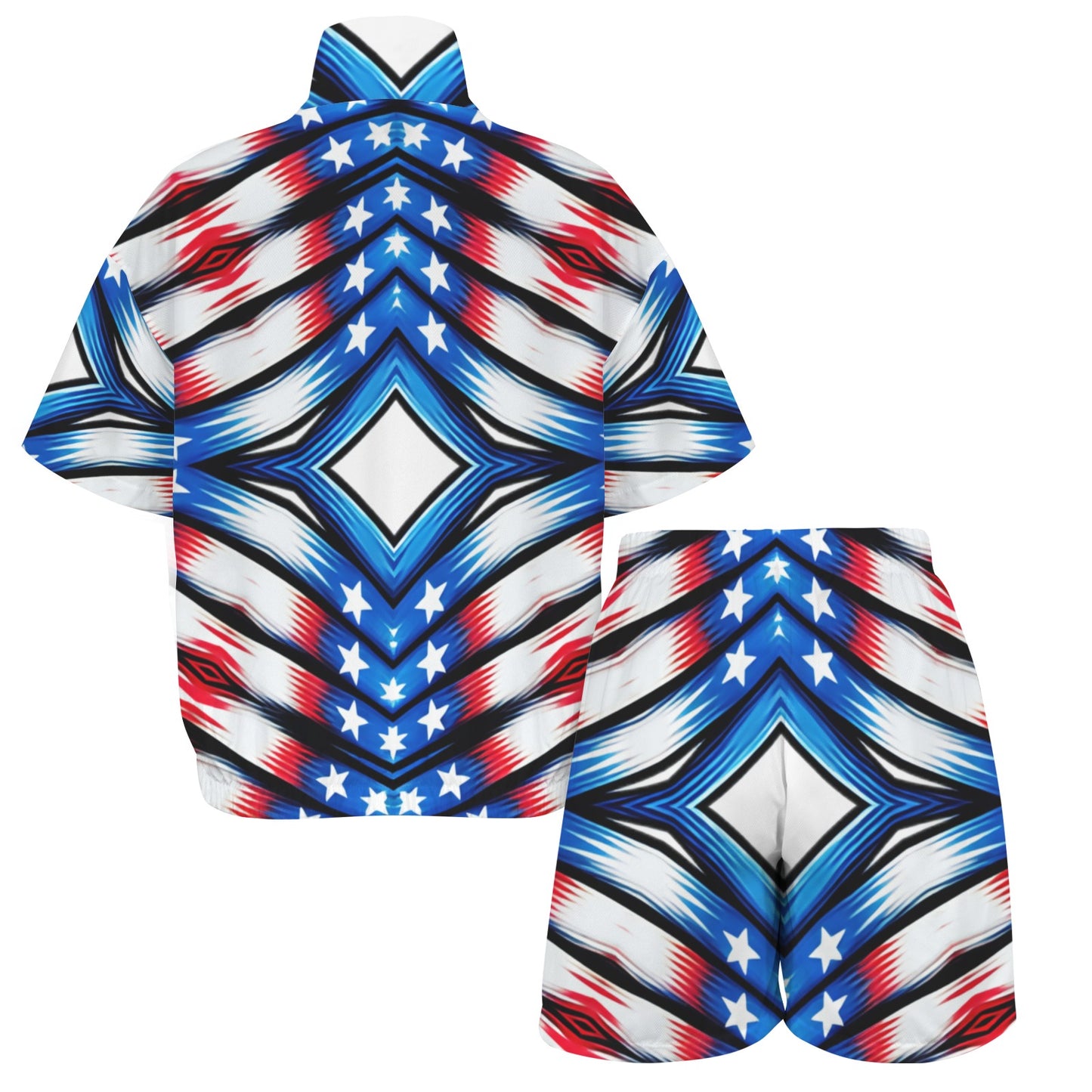 Women's Red White Blue Geometric Pattern All-Over Print All Over Print Windbreaker Short Set
