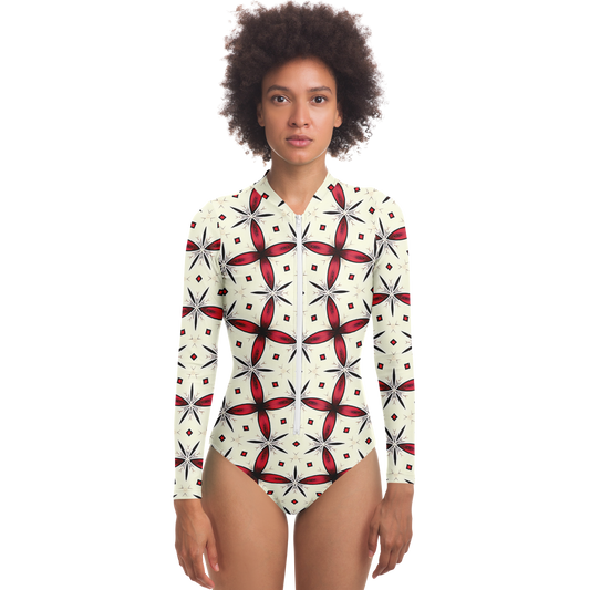 Women's Red & Black Geometric Pattern Bodysuit Long Sleeve