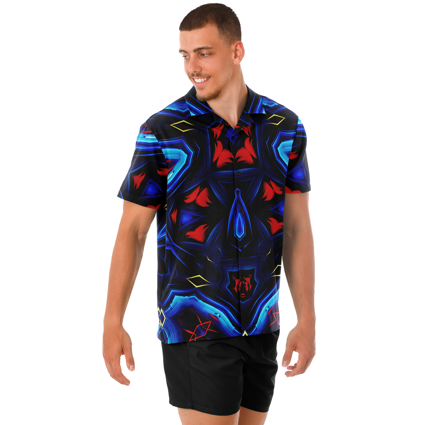 Men's Blue & Red Kaleidoscope Pattern All Over Print Spread Collar Short Sleeve Button-Down Shirt