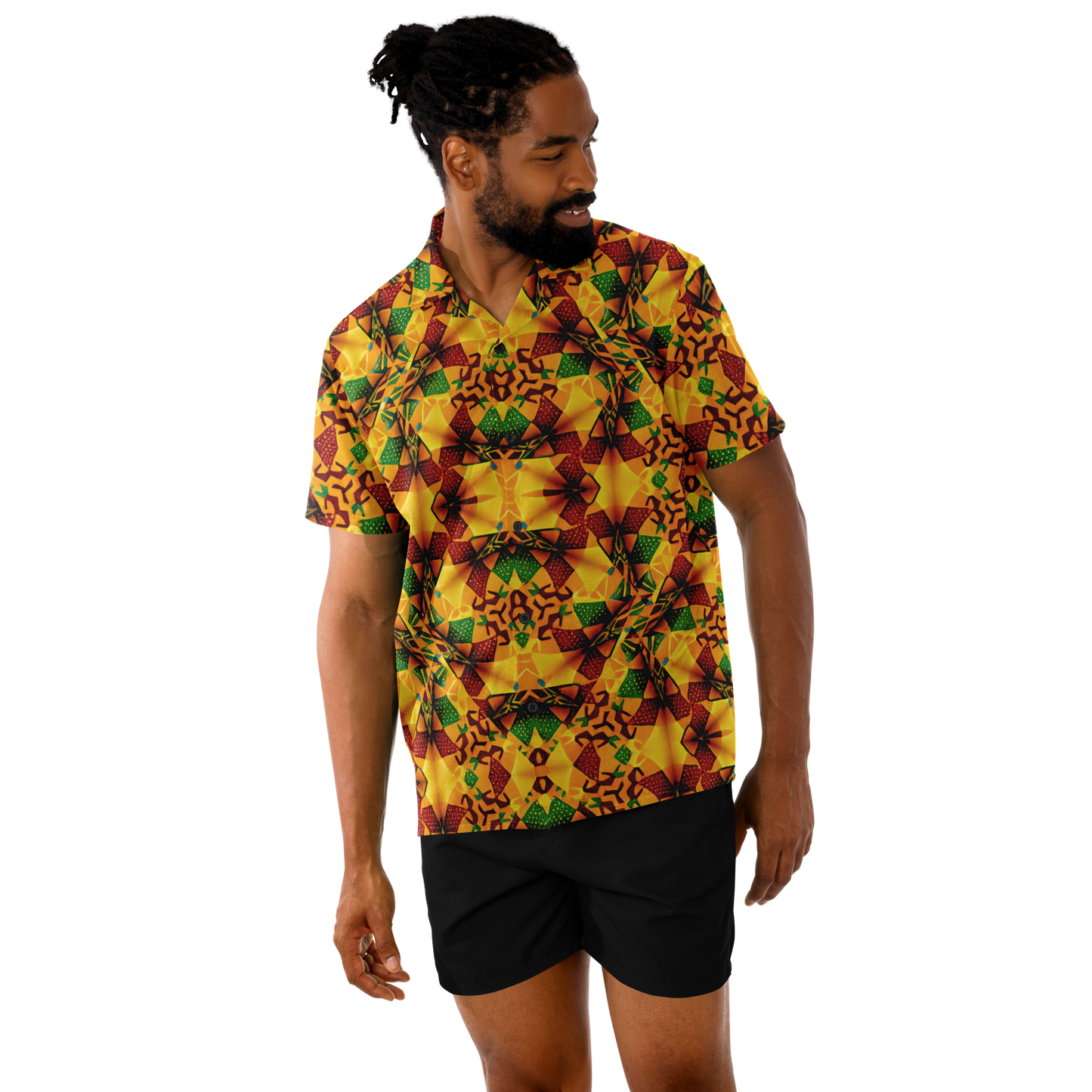 Men's Vibrant African Kente Geometric Pattern All Over Print Spread Collar Short Sleeve Button-Down Shirt
