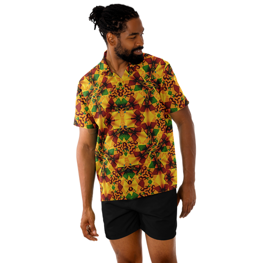 Men's Vibrant African Kente Geometric Pattern All Over Print Spread Collar Short Sleeve Button-Down Shirt
