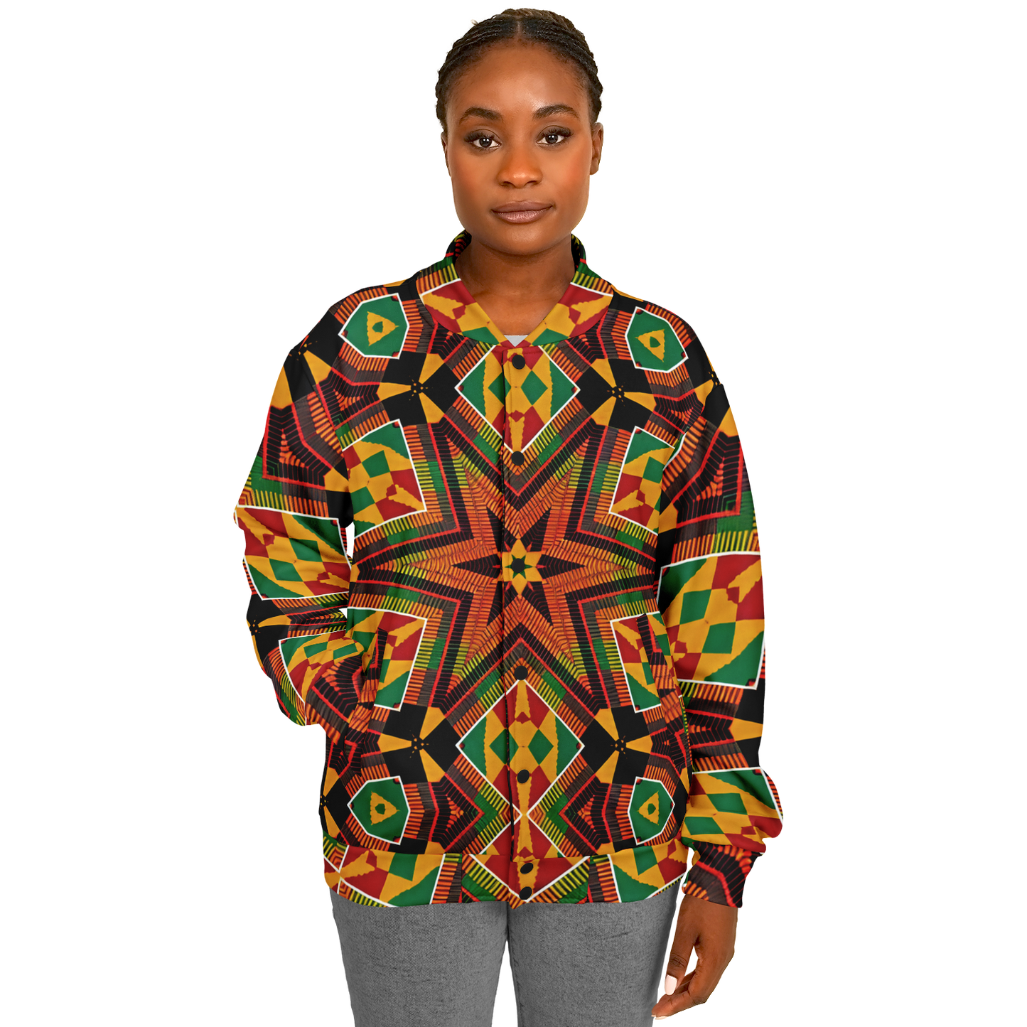 Women's African Kente Geometric Star Pattern All-Over Print Baseball Jacket