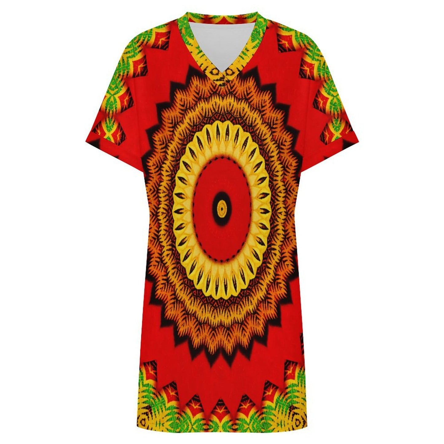 Women's Red Tribal Kaleidoscope Pattern All Over Print  Casual V-Neck Dress with Rolled Cuffs