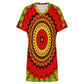 Women's Red Tribal Kaleidoscope Pattern All Over Print  Casual V-Neck Dress with Rolled Cuffs
