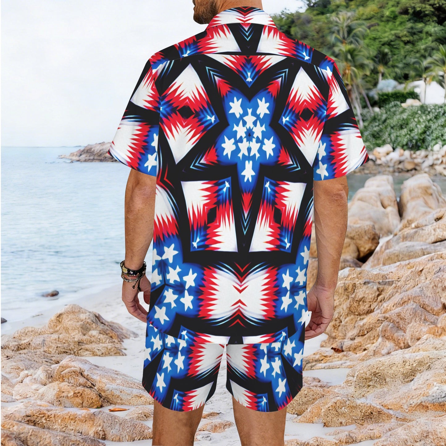 Men's Red White Blue & Black Geometric Pattern All-Over Print Hawaiian Shirt & Shorts Set