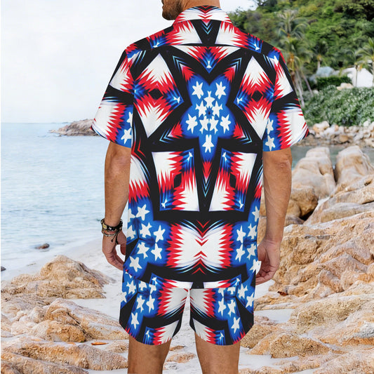 Men's Red White Blue & Black Geometric Pattern All-Over Print Hawaiian Shirt & Shorts Set