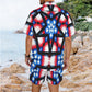 Men's Red White Blue & Black Geometric Pattern All-Over Print Hawaiian Shirt & Shorts Set