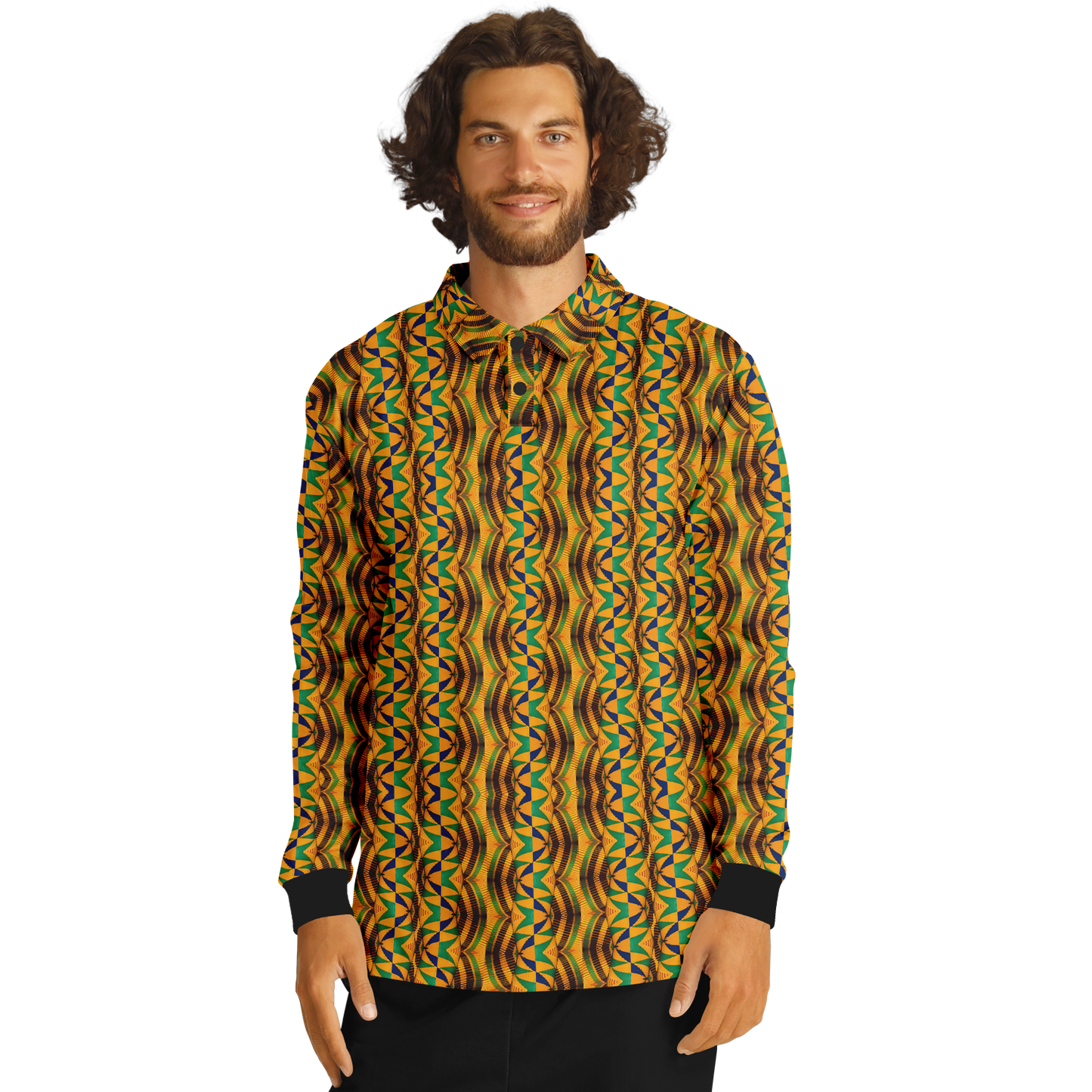 Men’s African Kente Geometric Pattern All-Over Print Long Sleeve Polo Shirt