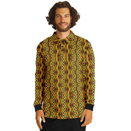 Men’s African Kente Geometric Pattern All-Over Print Long Sleeve Polo Shirt