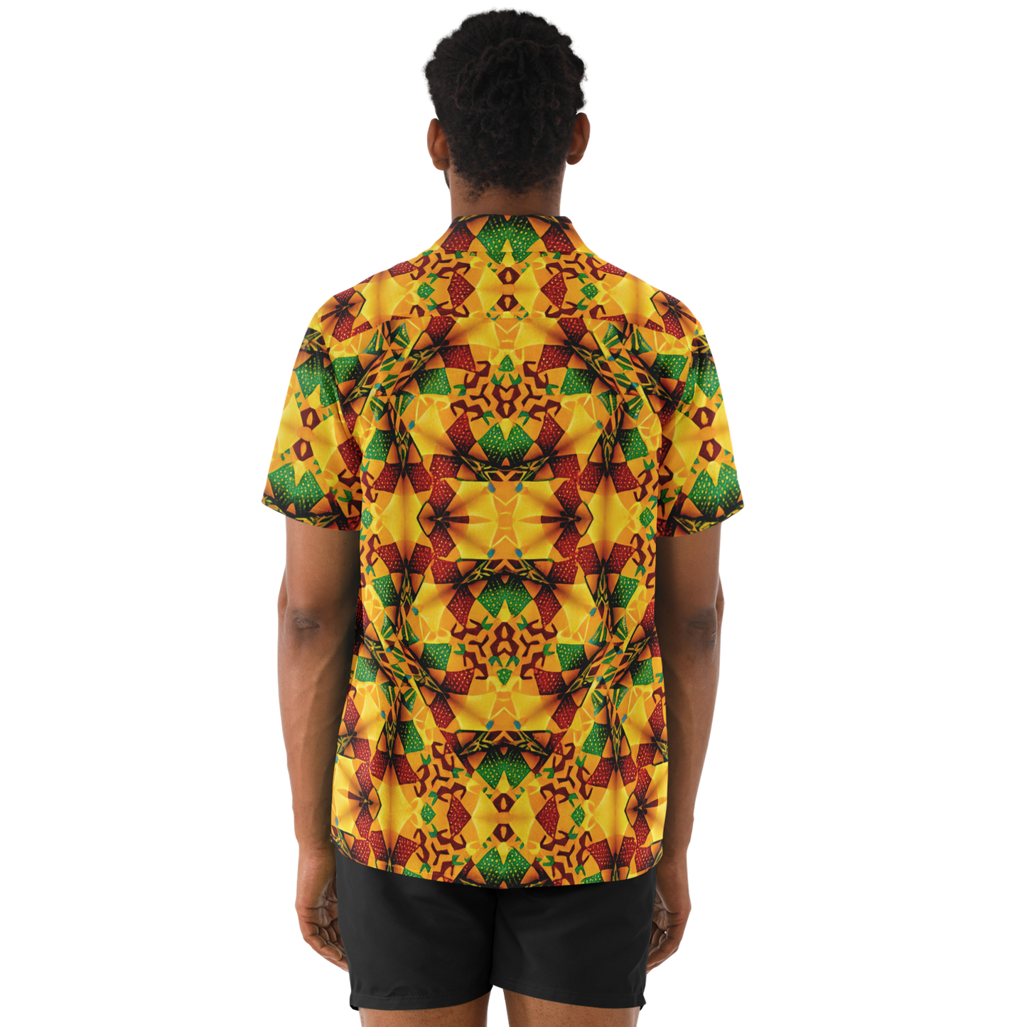 Men's Vibrant African Kente Geometric Pattern All Over Print Spread Collar Short Sleeve Button-Down Shirt