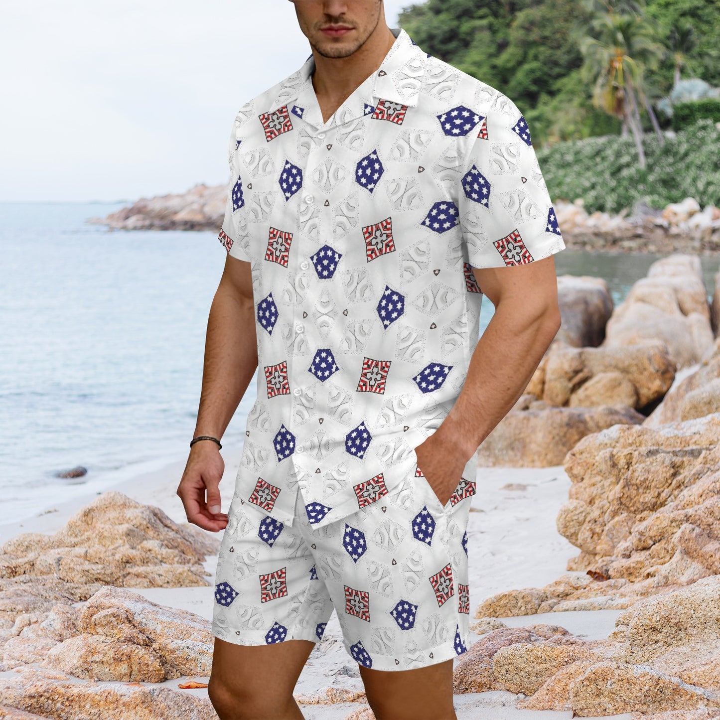 Men’s White, Blue & Red Geometric Pattern All Over Print Men's Hawaiian Shirt & Shorts Set